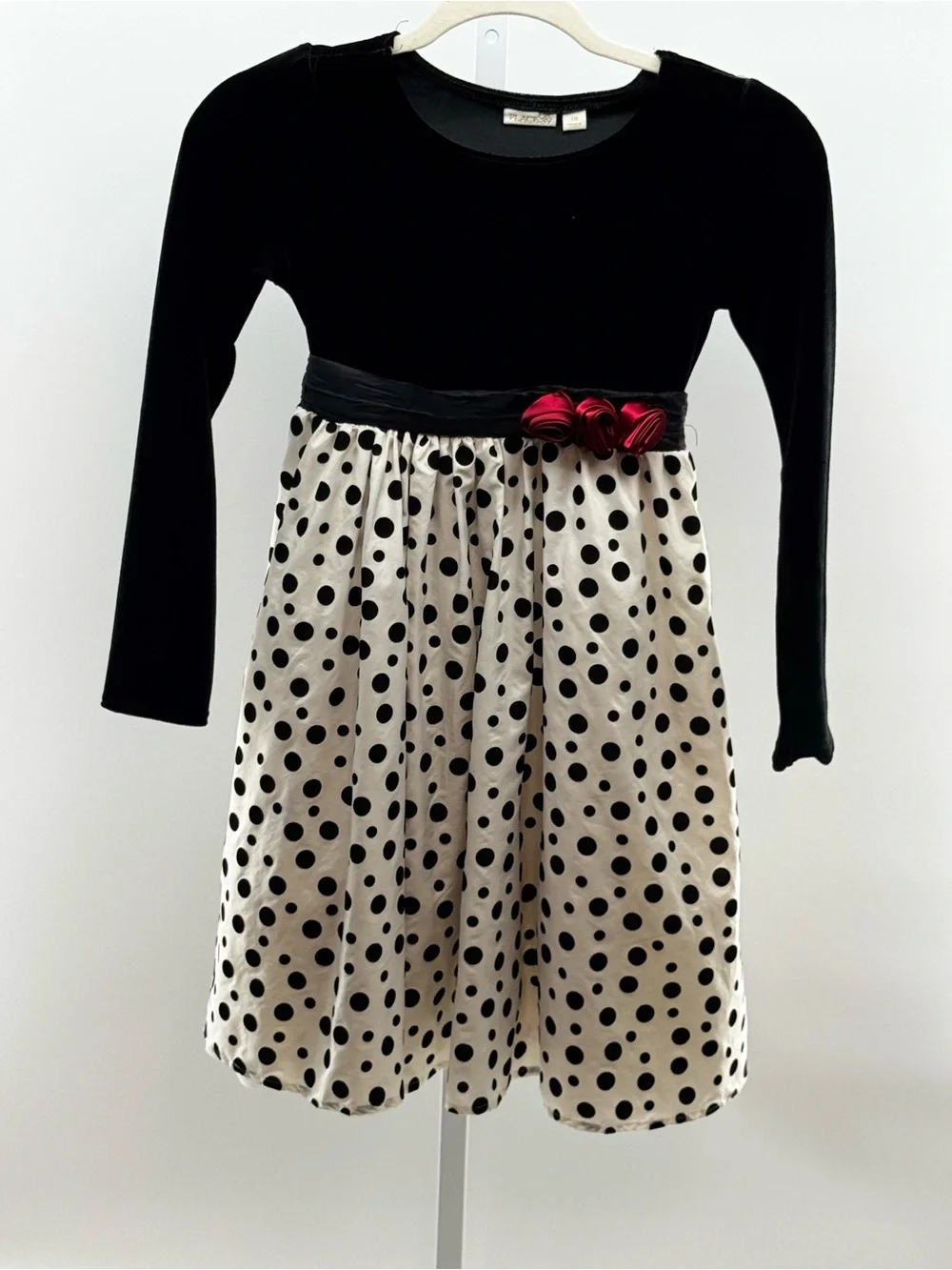 Black & Cream Polka Dot Long-Sleeve Dress with Red Accent for Kids
